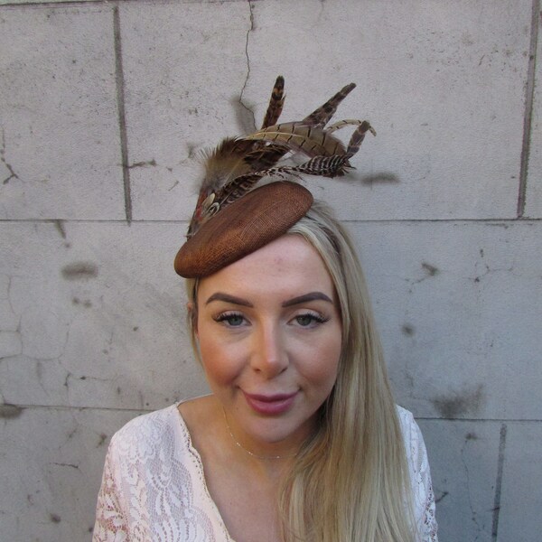 Brown Pheasant Feather Fascinator Sinamay Pillbox Hat Fascinator Headpiece Races Wedding Racing Hatinator Cheltenham Headband u10311