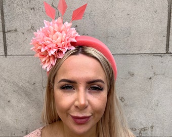 Coral & Peach Flower Feather Padded Headband Fascinator Headpiece Wedding Hairband Races Hairband Halo u10107