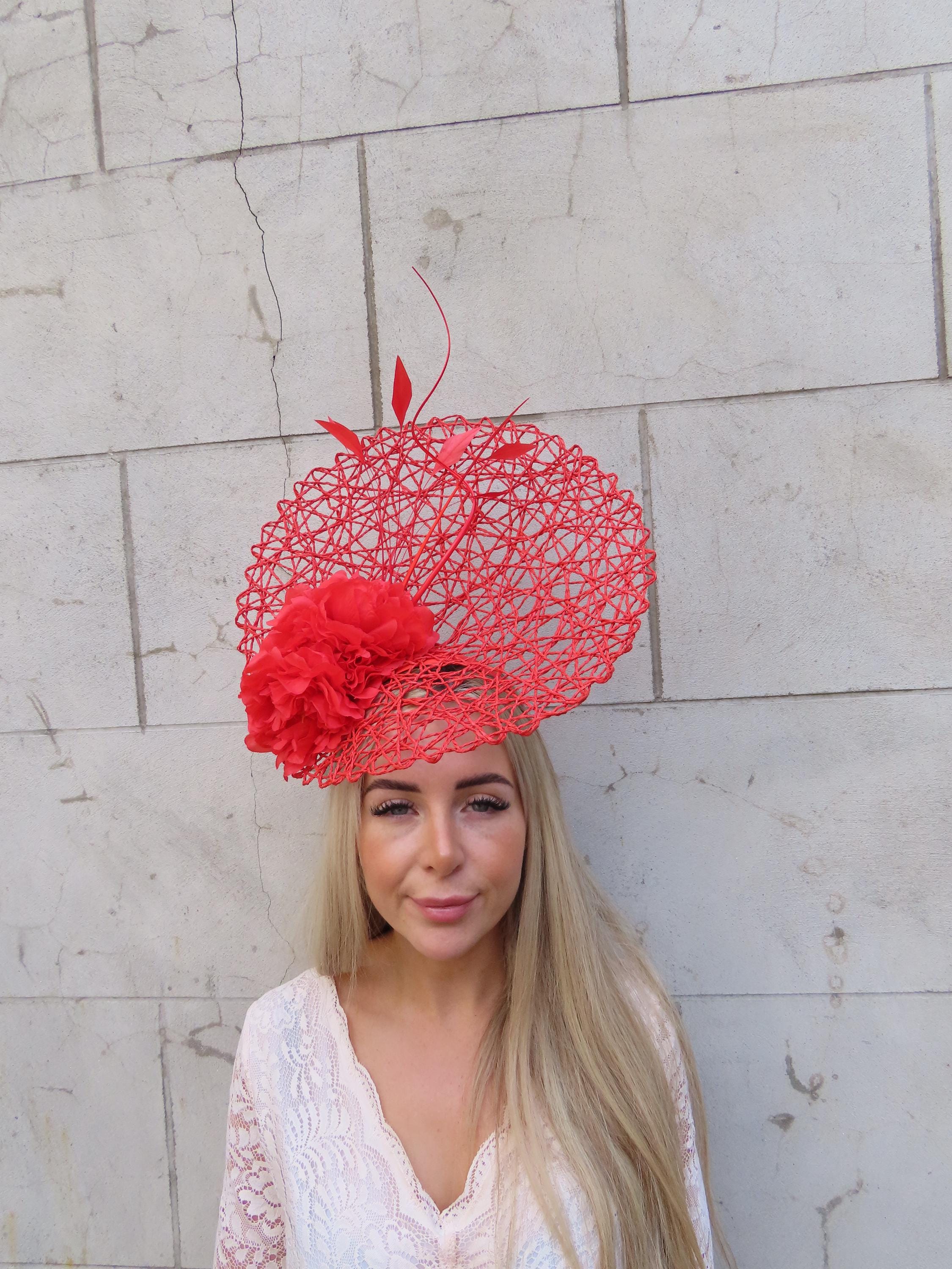 Large Red Flower Feather Hat Fascinator Wedding Races  display picture 2