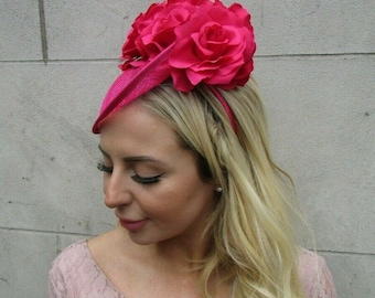 Cerise Hot Pink Rose Flower Floral Hair Fascinator Disc Hat Sinamay Saucer Ascot Ladies Day Hatinator sh-16