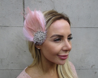 Blush Pink Dusky Dusty Pink & Silver Feather Fascinator Headpiece Races Wedding Guest Diamante Hair Clip 01cc