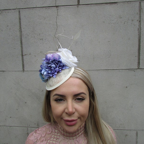 Cream Cornflower Lilac Blue Flower Fascinator Floral Pillbox Hat Sinamay Wedding Races Hair Fascinator Headpiece Ivory Ladies Day u10904