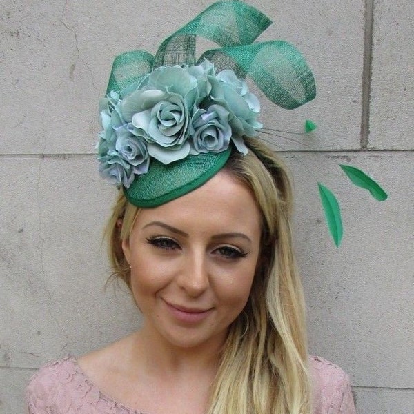 Emerald Green Turquoise Mint Rose Flower Feather Hat Fascinator Races Hair sh-155uu