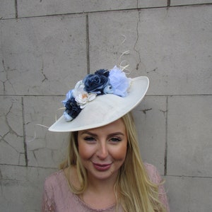 Large Cream Ivory Light Blue Dark Blue Cornflower Blue Rose Floral Flower Fascinator Hat Big Teardrop Wedding Races sh-552