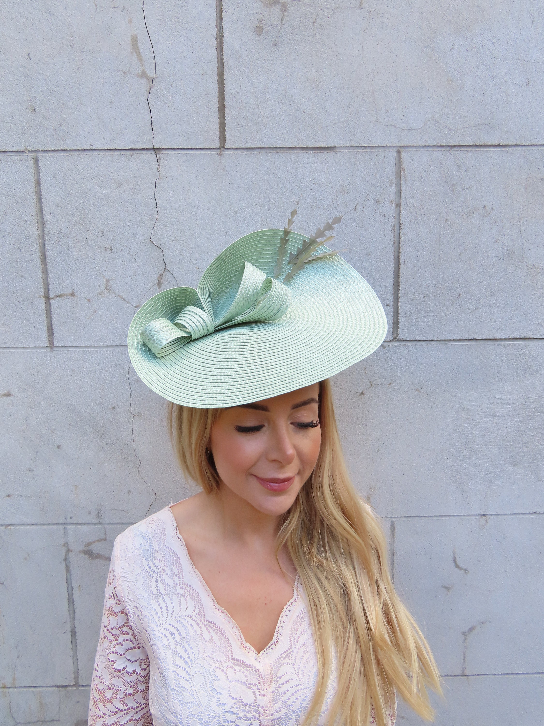 One off Piece Large Sage Green Feather Straw Style Hat 