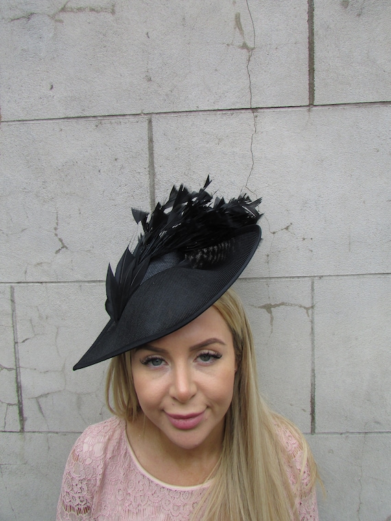 Large Black Feather Fascinator Hat Teardrop Wedding Mother  display picture 3