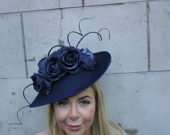 New Large Navy Blue Rose Flower Feather Fascinator Hat Big  display picture 3