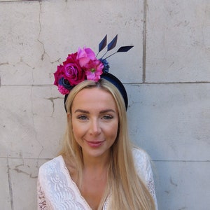 Navy Blau Magenta Fuchsia Rose Rose Blume Samt Gepolstertes Stirnband Fascinator Kopfschmuck Hochzeit Cerise Hot pink u1b32