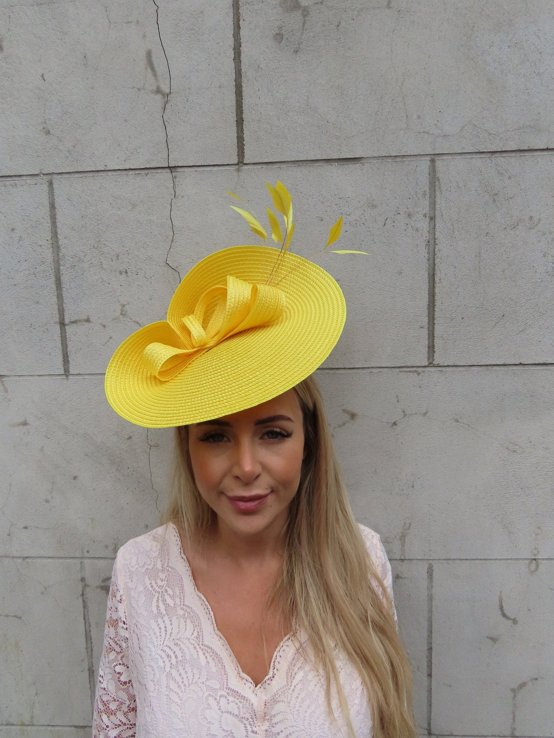 One off Piece Large Yellow Feather Straw Style Hat Fascinator Wedding ...