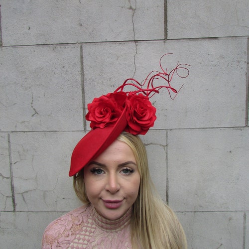 Red Rose Fascinator with Feather Accent Elegant Fall & Winter Statement Hat Women Red Felt Fascinator Hat With Feathers - Elegant Red  main image 2