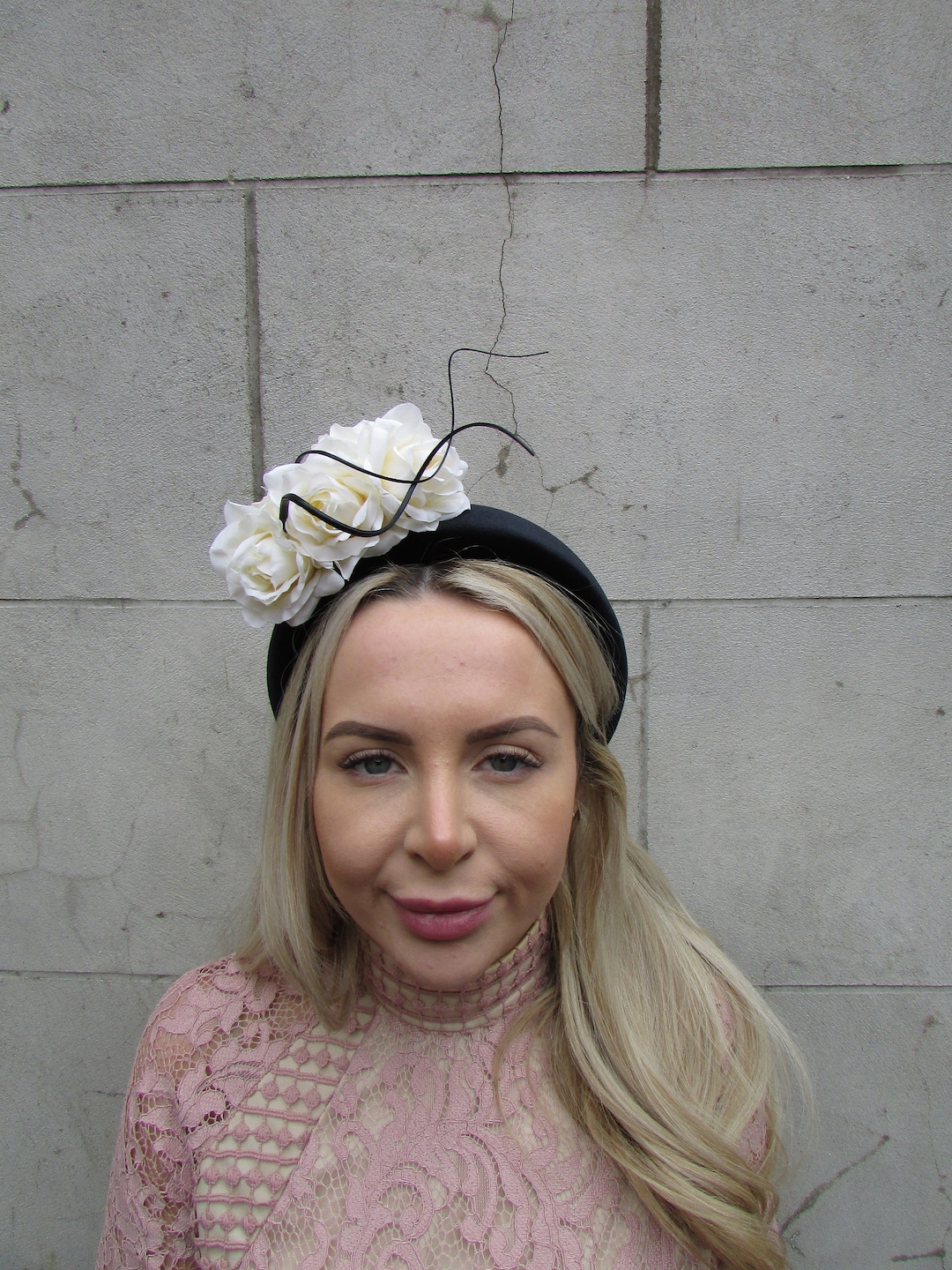 Black & Cream Rose Flower Velvet Padded Headband Fascinator Headpiece