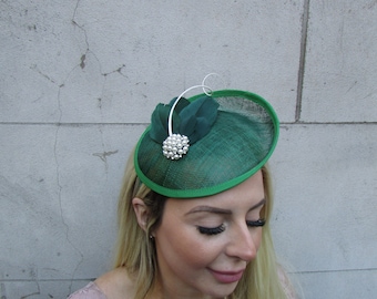 Emerald Green Ivory Feather Fascinator Disc Saucer Hat Sinamay Wedding Races Headband Hairband Pearl SH-36