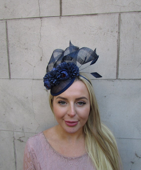 Navy Blue Flower Fascinator Floral Pillbox Hat Sinamay  display picture 1