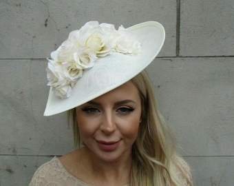 Large Cream Rose Teardrop Fascinator Hat Headband Wedding Flower Races Big Christening Wedding Races Ladies Day Hairband sh-451