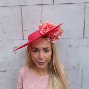 Large Red & Coral Peony Flower Floral Fascinator Disc Hat Saucer Boater Wedding Guest Hatinator Races Floral Cerise Statement Ascot u12502