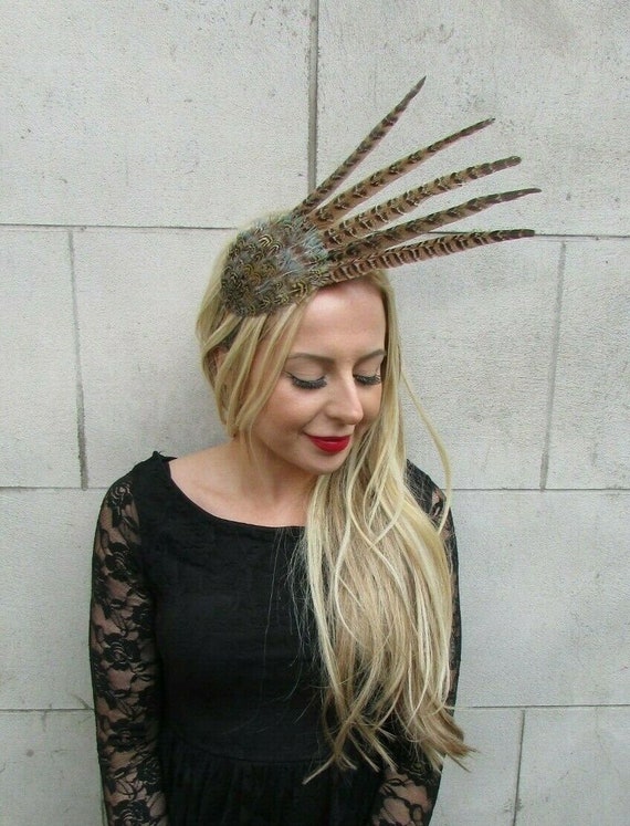 Green Beige Brown Pheasant Feather Fascinator Headband Races Hair Headpiece 4141