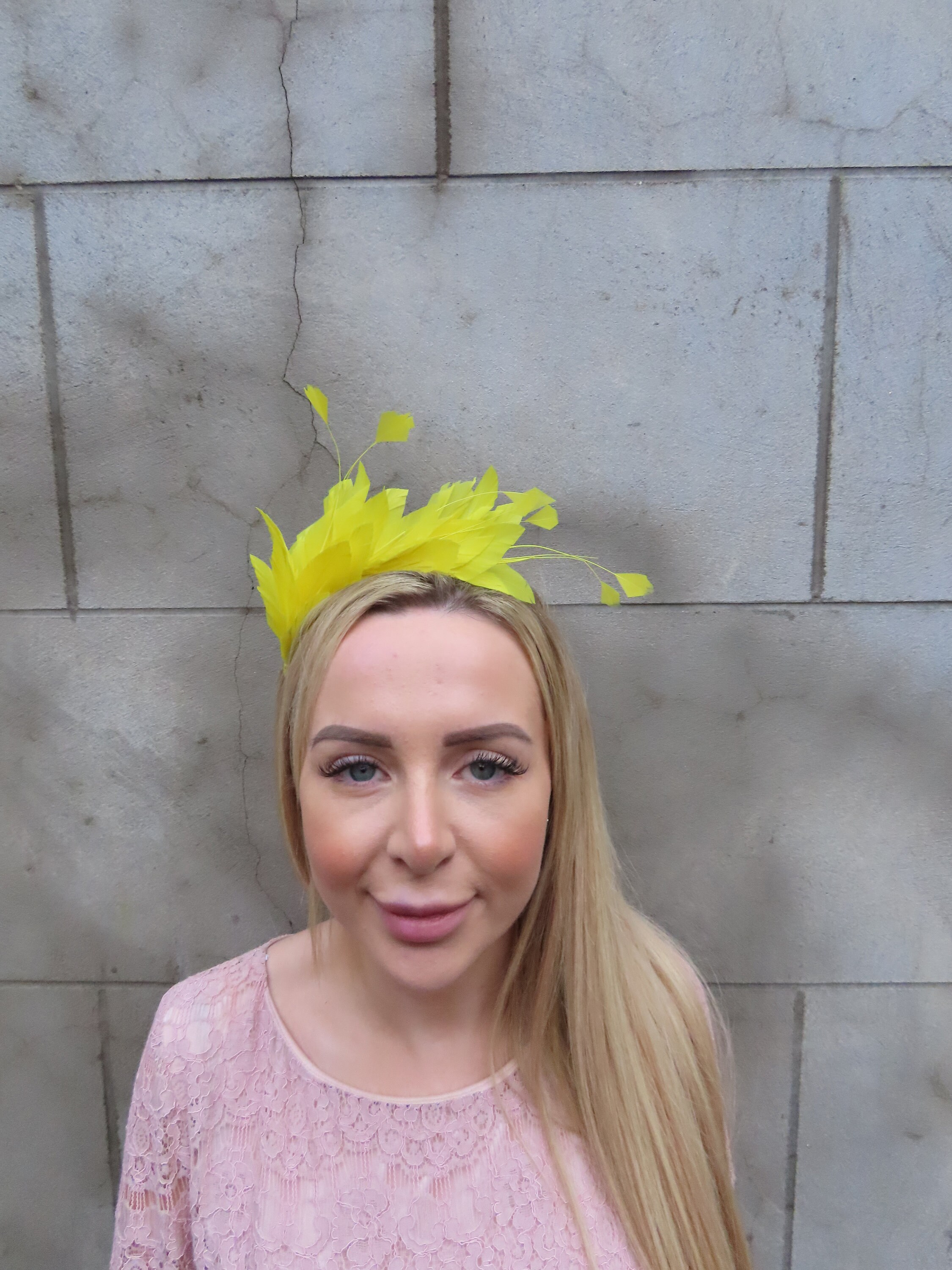 Yellow Feather Fascinator Headband Yellow Feather Flower Fascinator – Wendy Scully Millinery main image 2