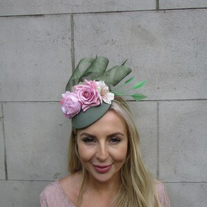 Sage Green Olive Blush Light Dusky Pink Floral Rose Flower Fascinator Pillbox Hat Wedding Races Fascinator Headpiece Hairband or Clips or-26