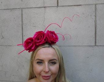 Cerise Hot Pink Rose Flower Quill Feather Fascinator Headband Hair Band Races Wedding Floral Deep Fuchsia Raspberry Pink Headpiece SH-32
