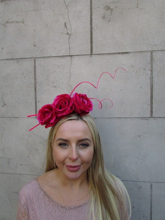 Cerise Hot Pink Rose Flower Quill Feather Fascinator  display picture 1
