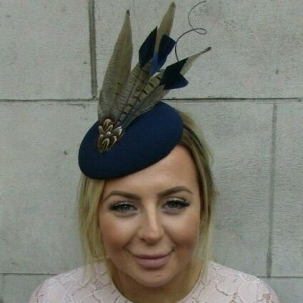 Navy Blue Brown Pheasant Feather Pillbox Hat Fascinator Races Wedding Hair 7919