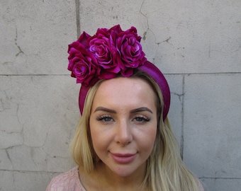 Fuchsia Magenta Pink Rose Flower Velvet Padded Headband Fascinator Headpiece Wedding Races Hairband Halo Dark Cerise Hot f-2