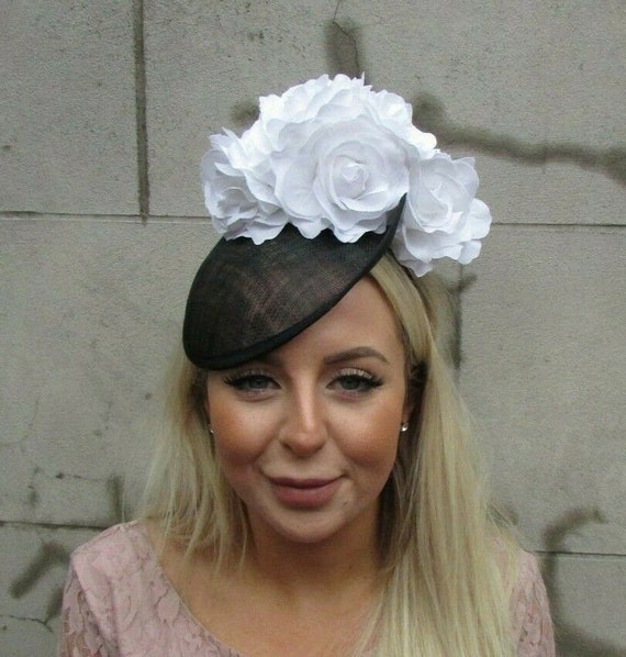 Black White Rose Flower Floral Fascinator Disc Hat Sinamay  display picture 2