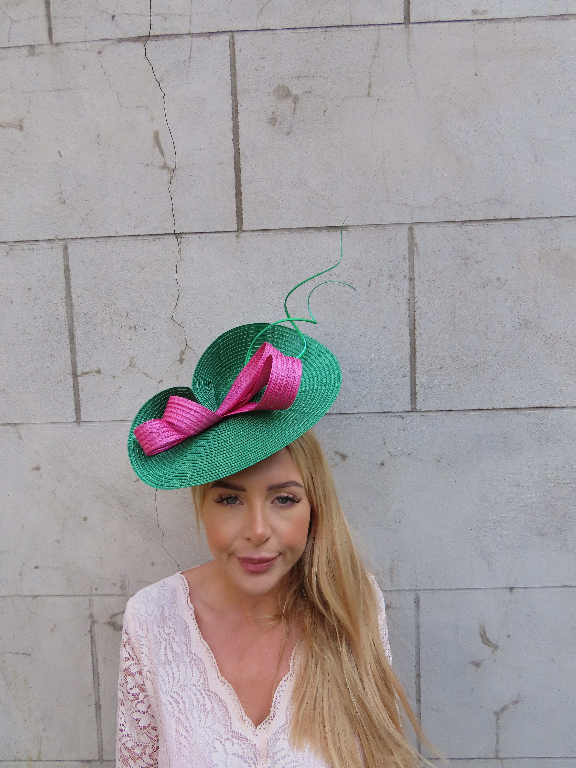 One off Piece Large Magenta & Emerald Green Straw Style Hat
