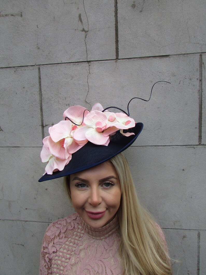 Large Navy Blue Blush Light Peach Nude Pink Orchid Flower Feather Hat ...