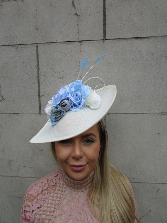 Large Cream Light Blue Rose Flower Fascinator Hat Big 