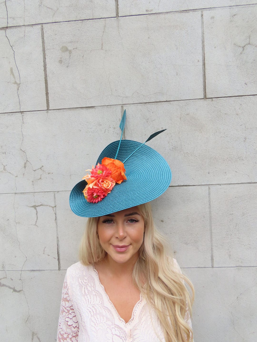 Elegant Orange and Blue Floral Hat Royal Blue Orange Feather Flower Disc Saucer Hat Fascinator  main image 2