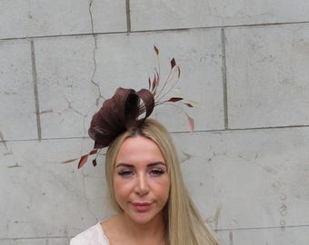 Brown Beige Champagne Feather Fascinator Headband Wedding Guest Headpiece Races Sinamay