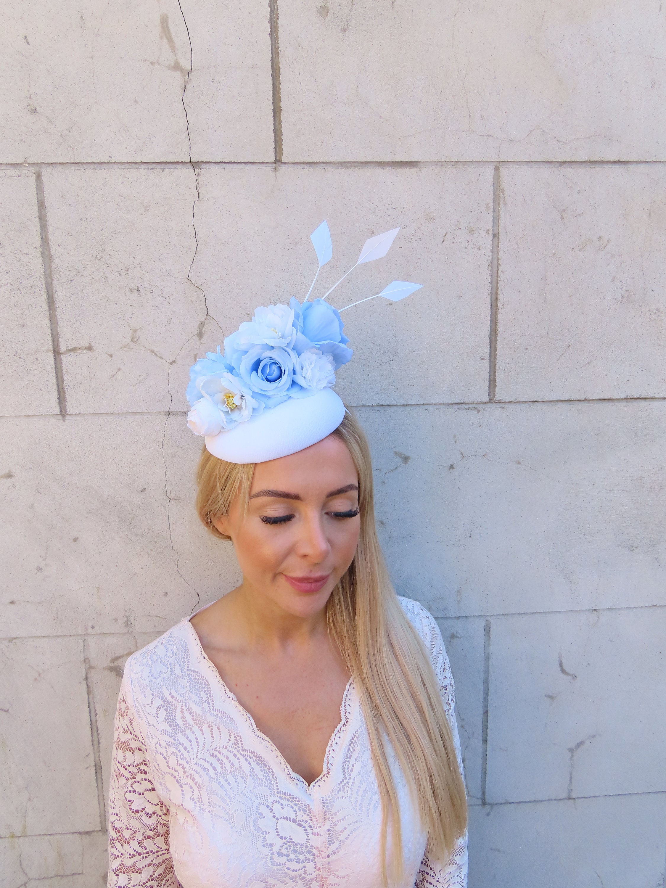ロンパース・カバーオール House on the hill Flower Strip 80 White & Light Blue Flower Feather Pillbox Hat Hair