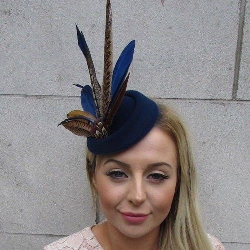 Navy Blue Pheasant Feather Pillbox Hat 