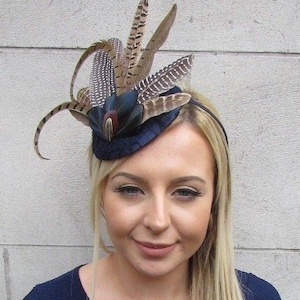 Navy Blue Pheasant Statement Feather Fascinator Races Pillbox Hat Races uz1