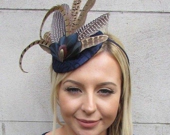 Navy Blue Pheasant Statement Feather Fascinator Races Pillbox Hat Races uz1