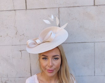 One off Piece Large Champagne Beige Feather Straw Style Hat Fascinator Wedding Guest Races Ladies Day Disc Headband Hatinator u10505