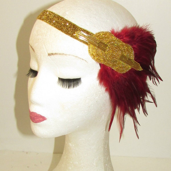 Gold Burgundy Maroon Red Feather Headband 1920s Flapper Headpiece Vintage 1154 Hairband Hair Band