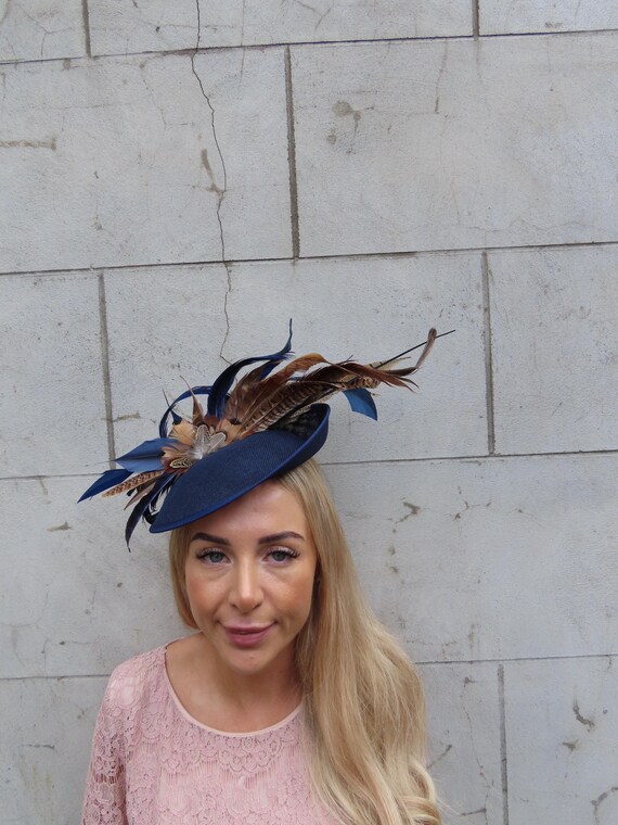Large Navy Blue Brown Pheasant Feather Fascinator Hat Big 