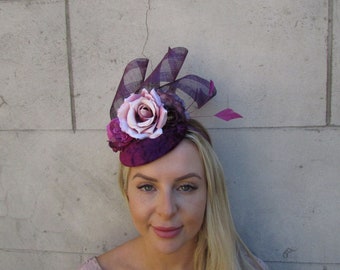 Plum Grape Purple Dusky Blush Pink Rose Flower Feather Pillbox Hat Fascinator Races Wedding Velvet Headpiece Floral sh-364