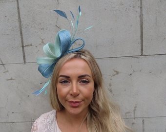 Mint Green & Light Blue Feather Fascinator Headband Headpiece Races Wedding Guest Sinamay