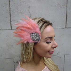 Tocado de plumas plateadas de albaricoque y melocotón, tocado para carreras, pinza para el pelo con Diamante para invitados de boda, 04aa imagen 2