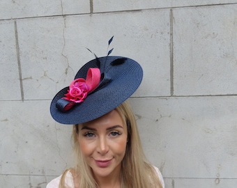 Large Navy Blue & Fuchsia Rose Flower Hat Fascinator Weddings Races