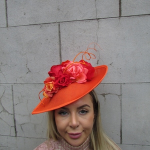 Large Orange & Red Rose Flower Fascinator Hat Big Teardrop Tilted Floral Wedding Races Headband Hairband sh-332 uu