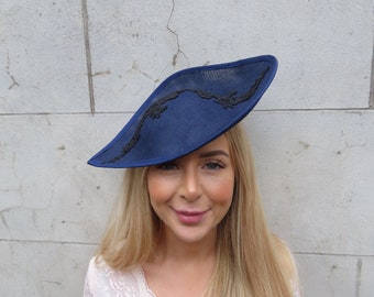 One off Piece - Large Navy Blue & Black Lace Teardrop Fascinator Hat Headband Races Wedding Guest Hatinator u10903