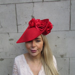 Large Dramatic Red Rose Flower Teardrop Fascinator Hat Races Headband Wedding Guest Headpiece Ascot Hatinator Ladies Day u10107