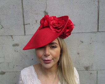 Large Dramatic Red Rose Flower Teardrop Fascinator Hat Races Headband Wedding Guest Headpiece Ascot Hatinator Ladies Day u1b42