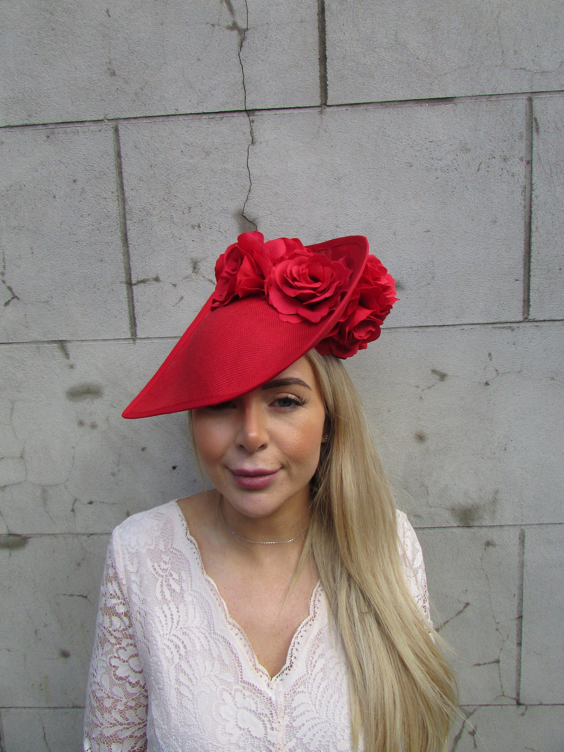 6258 Red Chiffon Lady Flower Fascinator Hat With Feather, Organza Vintage Kentucky Derby Hat Fascinator Coral Orange Sinamay Saucer  main image 4
