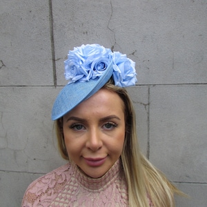 Light Blue Tilted Rose Flower Floral Hair Fascinator Disc Hat wedding races Saucer sh-356