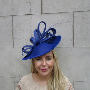 Large Royal Blue Feather Fascinator Hat Teardrop Headband Wedding Races Big Hairband Cobalt Formal Occasion c1e